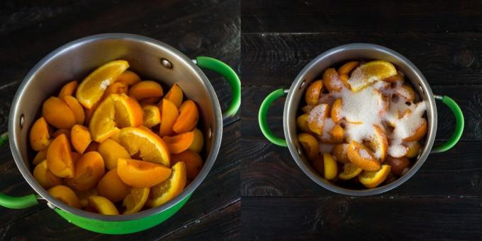 Jam z meruněk a pomerančů: ovoce, zalijeme cukr
