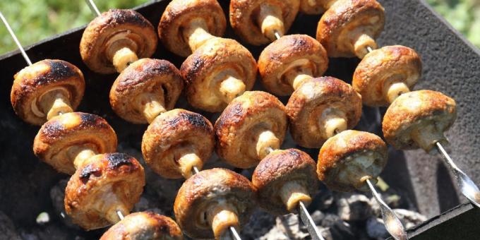 Co vařit venku, s výjimkou masa: kebab s houbami v zakysanou smetanou a česnekovou marinádou