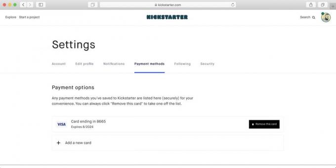 Jak nakupovat na Kickstarter: pak se karta objeví v seznamu dostupných platebních metodách