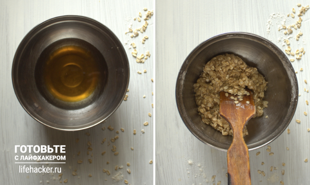 Nektarinkové tvarohové tyčinky: Smíchejte máslo a med a přidejte ovesné vločky, mouku a sódu