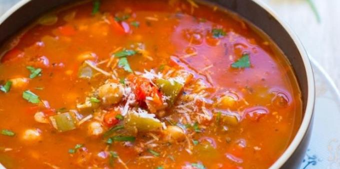 zeleninové polévky: polévka s papriky, rajčata, cizrna a rýže