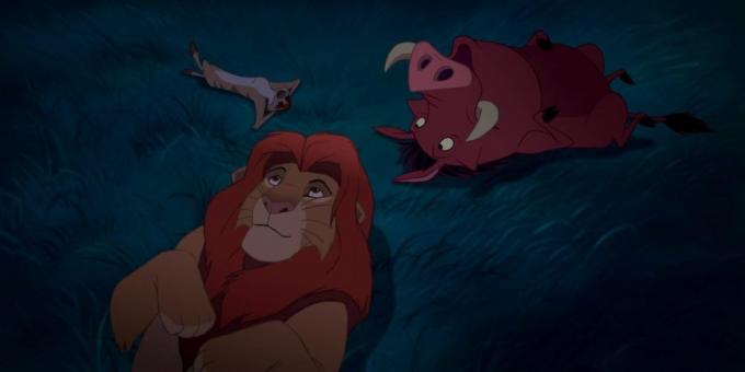 Karikatura „Lví král“: Simba, Timon a Pumbaa je pod noční oblohou a přemýšlet o povaze hvězd