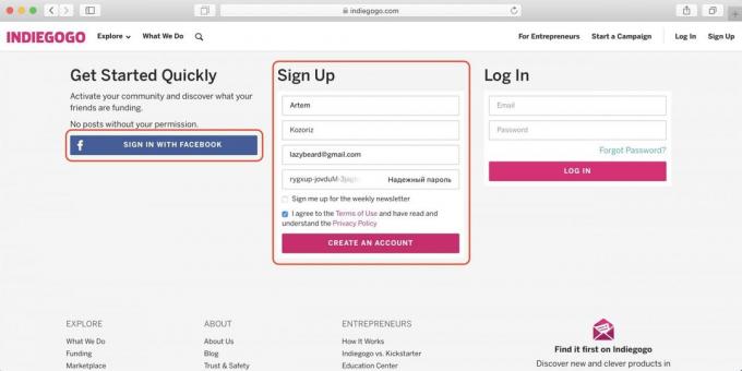 Jak nakupovat na Indiegogo: zadejte jméno, e-mail a heslo, nebo Přihlaste se s Facebook