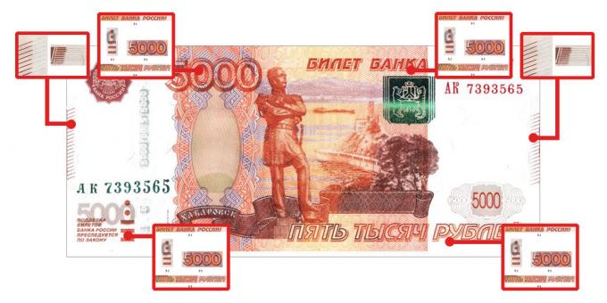padělané peníze: autentičnost rysy, které jsou viditelné na dotek, na 5000 rublů