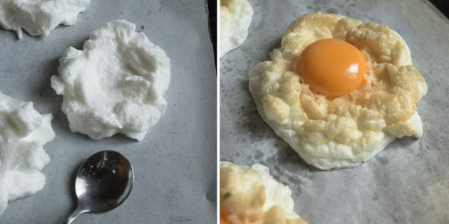 Míchaná vejce: recept. Přidejte trochu strouhaného sýra, syrový žloutek uprostřed a vše vraťte do trouby