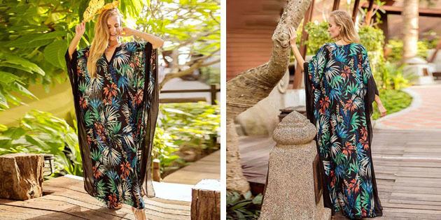 Beach šaty: šaty s tropickými potisky