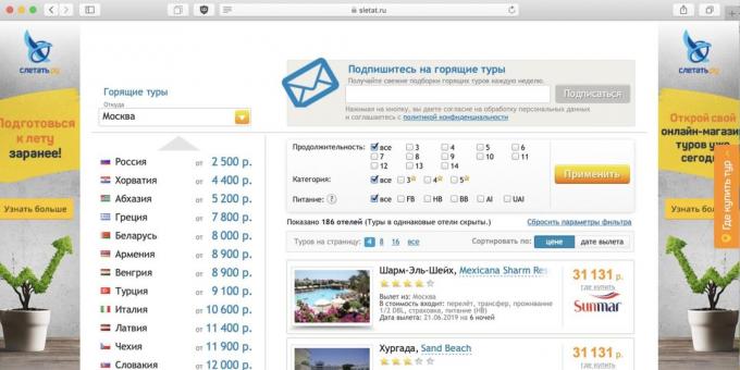 Levné výlety lze vyhledávat na Sletat.ru