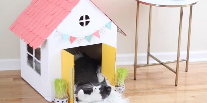 Jak vyrobit jednopatrový dům pro kočku s jeho vlastních rukou: visí vlajky a kliky dveří