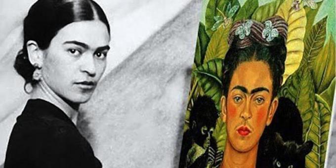 Frida Kahlo se svým autoportrét