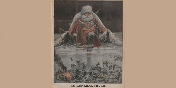 Historie ruského impéria: „Generál Winter postupuje v německé armádě“, ilustrace Louis Bomblay z Le Petit Journal, leden 1916. 