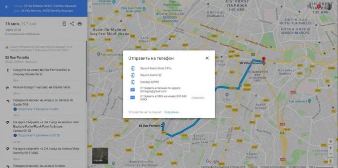 Google Maps. Odesílání trasy nebo bod na telefonu