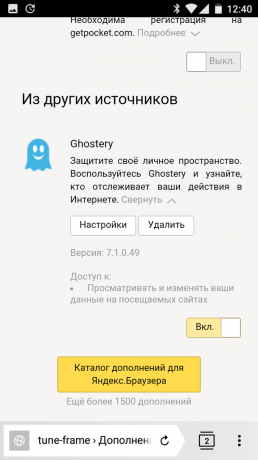 Yandex. Možnosti prohlížeč addon