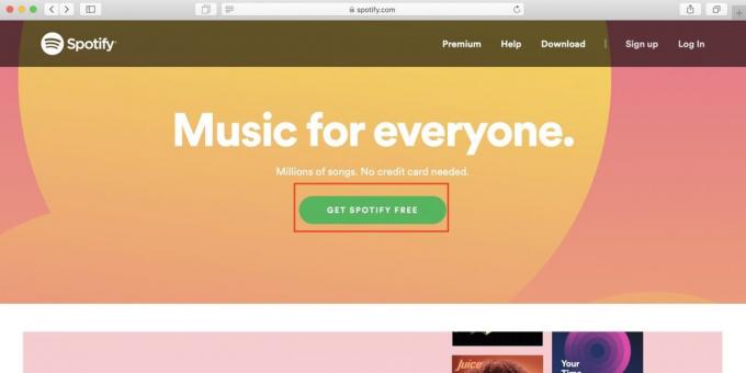 Jak používat Spotify v Rusku: otevřené webové stránky služby Spotify a klikněte na tlačítko Spotify zdarma!
