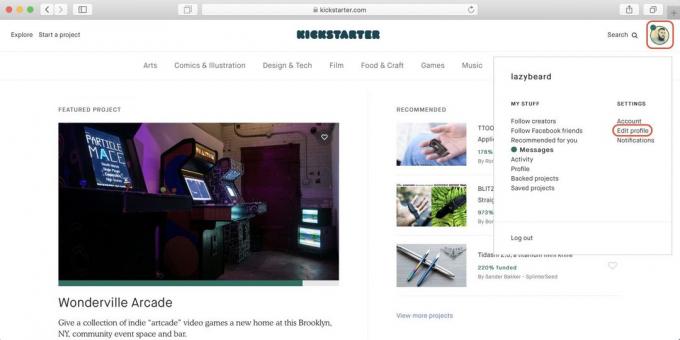 Jak nakupovat na Kickstarter: klikněte na ikonu profilu a pak - na odkaz Upravit profil