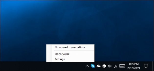 Program Skype UWP nepředpokládá menu „Ukončit Skype»