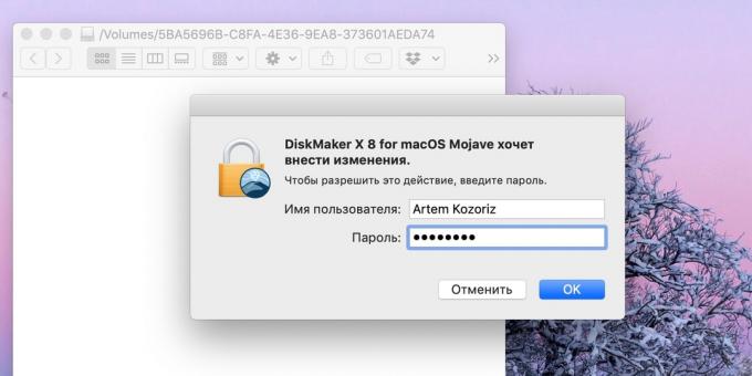 Jak vytvořit bootovací USB flash disk s MacOS: zadání hesla správce