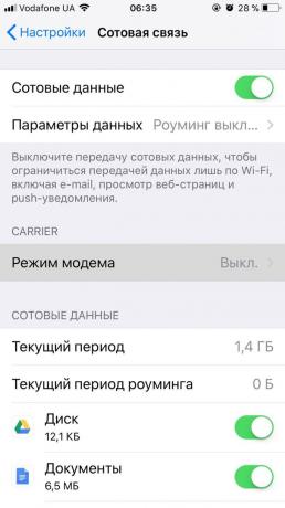Jak distribuovat internet z vašeho telefonu se systémem iOS: aktivace režimu „Modem“ pomocí spínače
