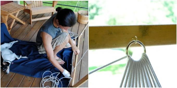 Houpací síť vlastníma rukama: houpací síť z šité tkaniny na lan a kolejnic