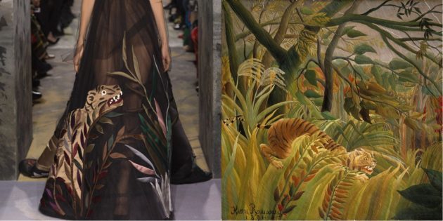 Valentino model a obraz Henri Rousseau „Tygr v tropické bouři“