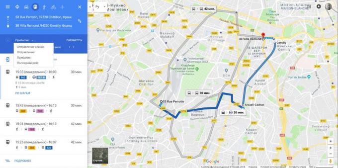 Google Maps. časový odhad Příjezd