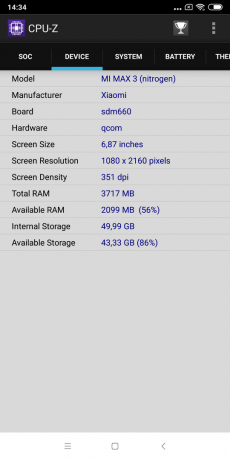 přezkoumání Xiaomi Mi Max 3: CPU-Z