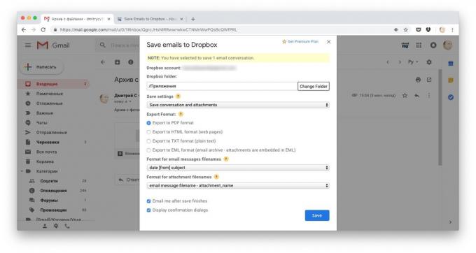 Způsoby, jak stahovat soubory na Dropbox: zkopírovat celý dopis, ukládat e-maily na Dropbox