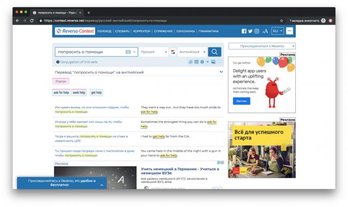 Website Assistant Context.reverso.net pro samostatné studium angličtiny