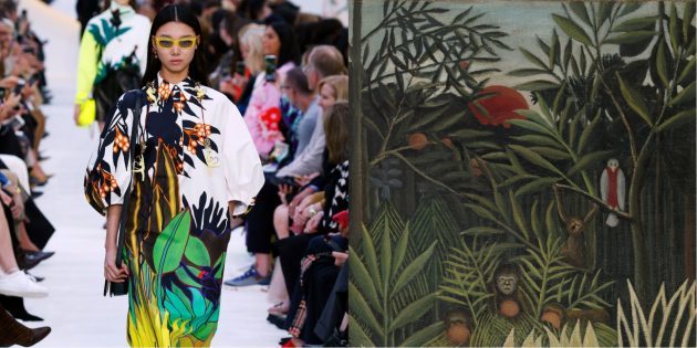 Valentino model a obraz Henri Rousseau „lidoopů a papoušek v pralese“