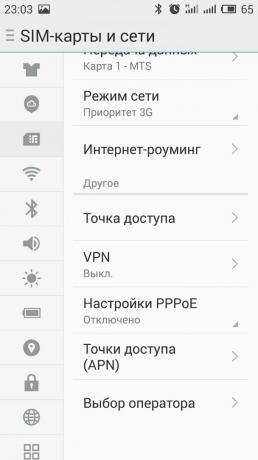 Jak distribuovat internet se systémem Android smartphone: Otevřete «SIM karta a síť“ sekce
