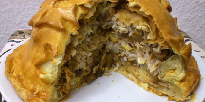 Recept: Kurnik z nekvašené těsta palačinky, rýže, žampiony a sýrem