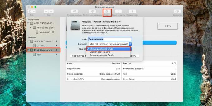 Jak vložit heslo na USB flash disk: vyberte možnost „GUID Partition Scheme“