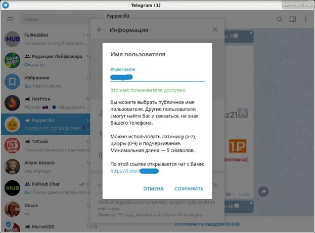 Odkazy na Telegram: Odkaz na svůj profil