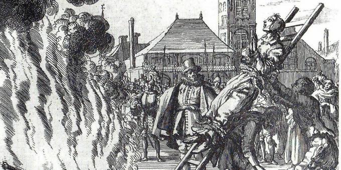 Inkvizice ve středověku: „Hořící holandský anabaptista 16. století Anneken Hendrix, obviněn z kacířství“, rytina Jan Leuken