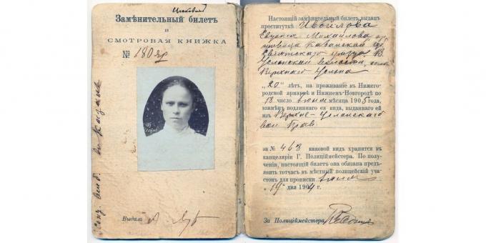 Historie ruské říše: osvědčení prostitutky o právu pracovat na veletrhu v Nižním Novgorodu v letech 1904-1905.