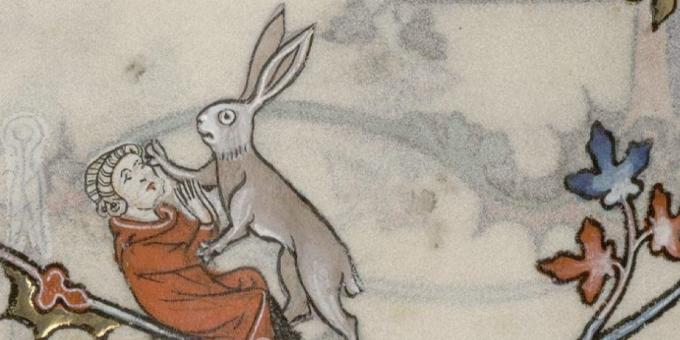 Děti středověku: zajíc zaútočí na muže, breviář od Renauda de Bara