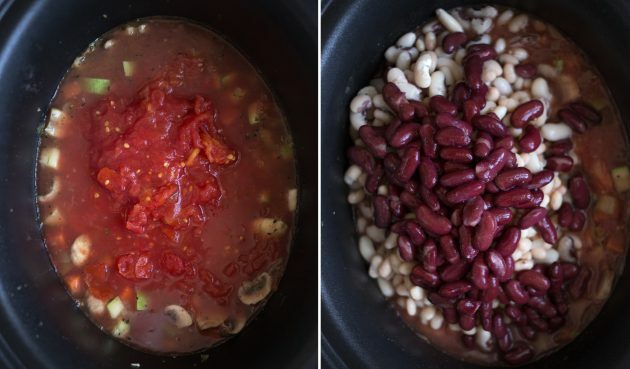  Jak udělat fazolový guláš: přidejte zeleninový talíř s rajčaty ve vlastní šťávě