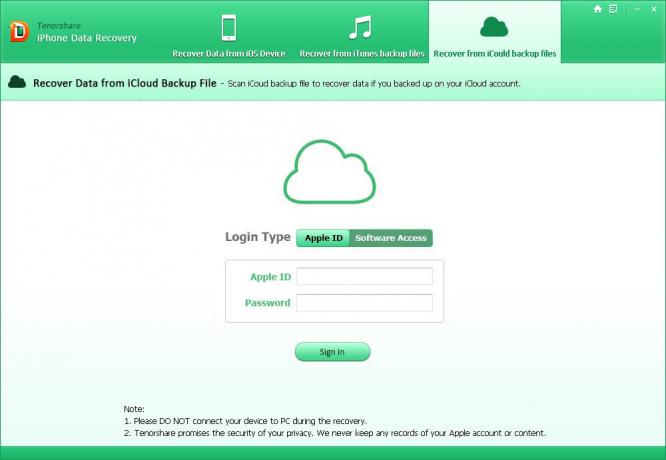 Tenorshare iPhone Záchrana dat: autentizace pomocí iCloud účtu