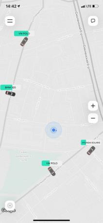 Karshering „Delimobil“: na mapě v aplikaci, vyberte volný vůz