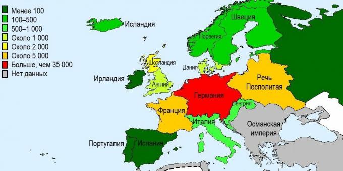Počet zabitých čarodějnic v evropských zemích v 15. - 17. století.