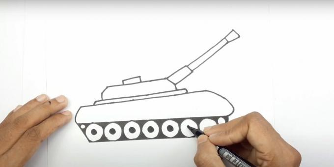 Jak nakreslit tank: nakreslete dělo a podrobně rozveďte válečky